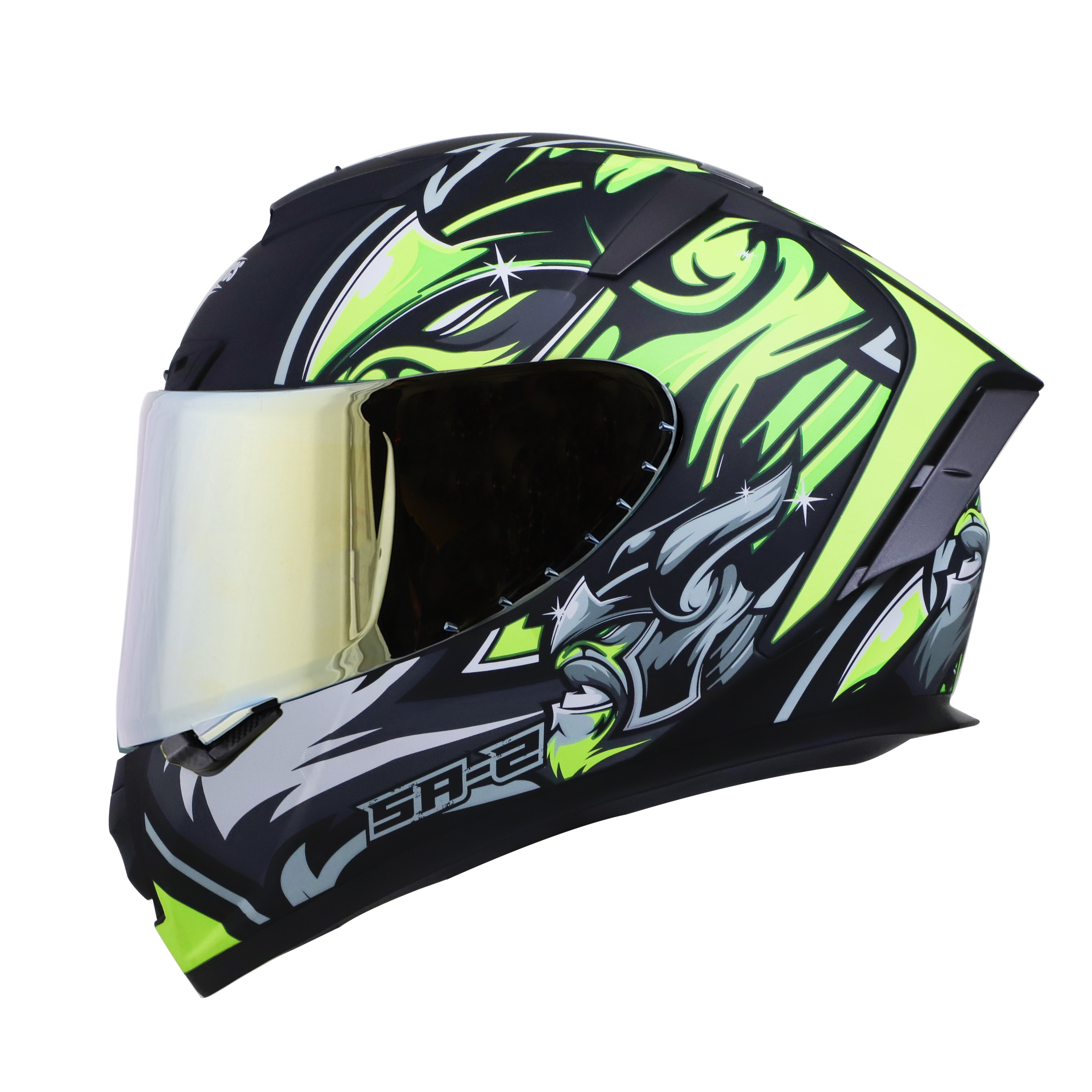 SA-2 VILLAIN GLOSSY BLACK WITH NEON (FITTED WITH CLEAR VISOR EXTRA CHROME GOLD VISOR FREE)